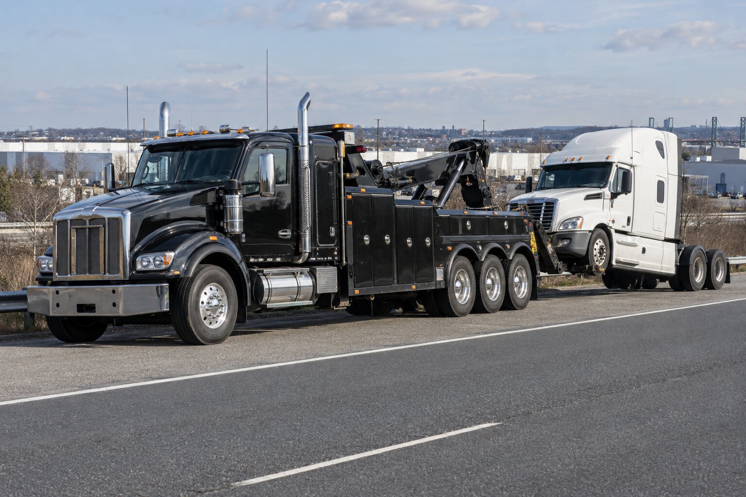Illustration of a heavy wrecker with a semi truck on a highway shoulder