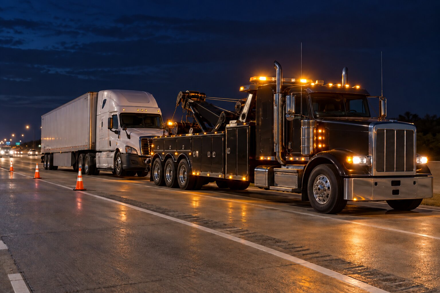 Illustrated heavy truck breakdown scene at night