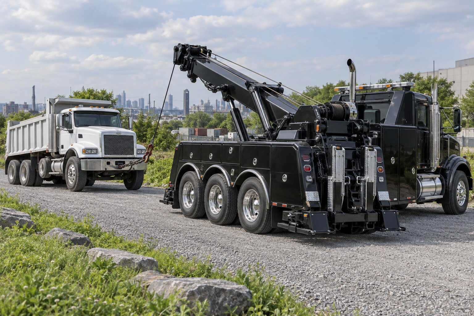 Illustrated heavy vehicle recovery on a gravel access road